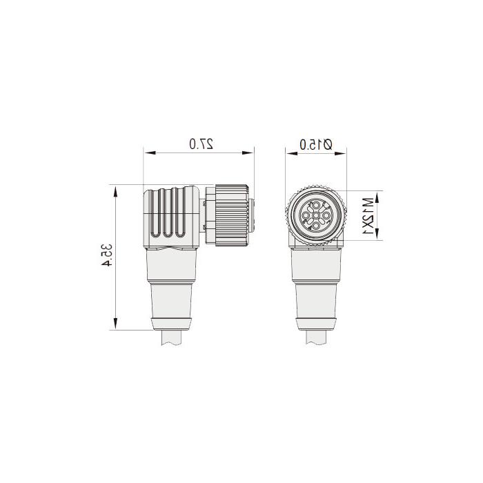 M12 4Pin 母头90°、IP 69K-ECOLAB、食品级、单端预铸PUR柔性电缆、黑色护套、64E041-XXX